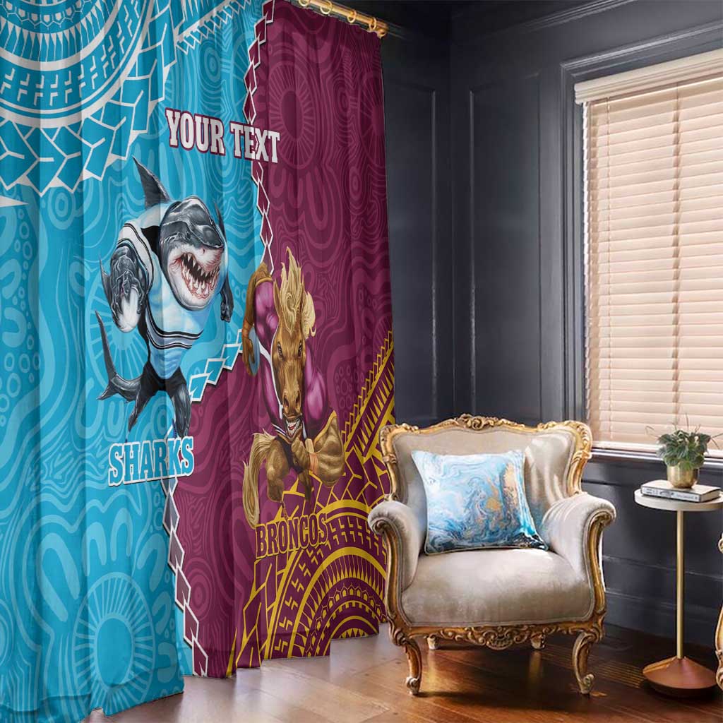 Personalised Sharks And Broncos Rugby Window Curtain Aboriginal Mix Polynesian Pattern