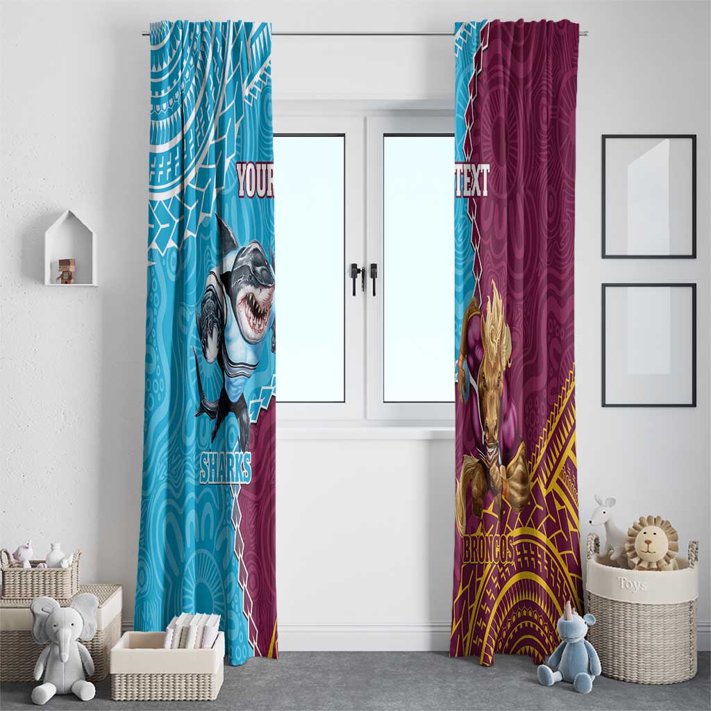Personalised Sharks And Broncos Rugby Window Curtain Aboriginal Mix Polynesian Pattern