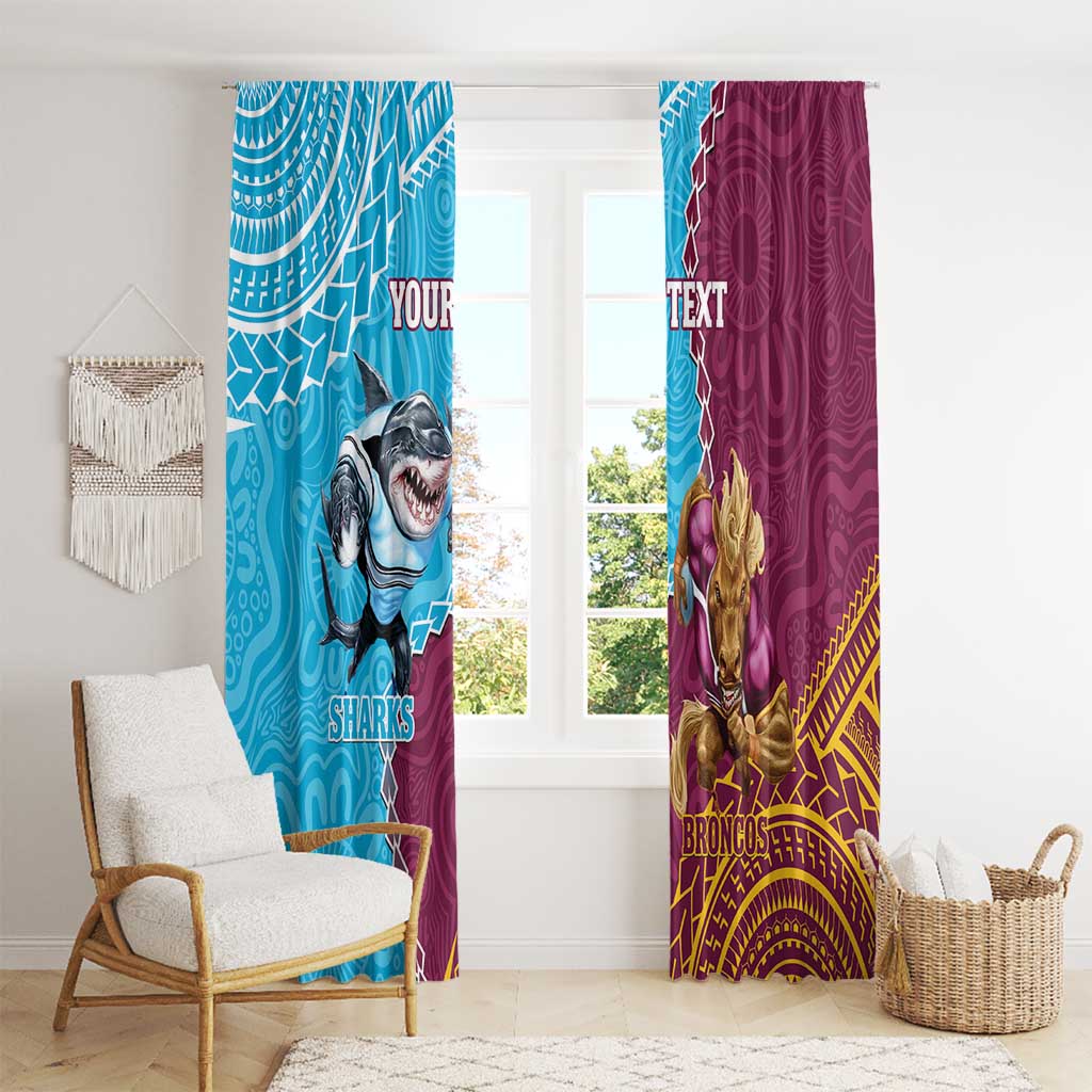 Personalised Sharks And Broncos Rugby Window Curtain Aboriginal Mix Polynesian Pattern