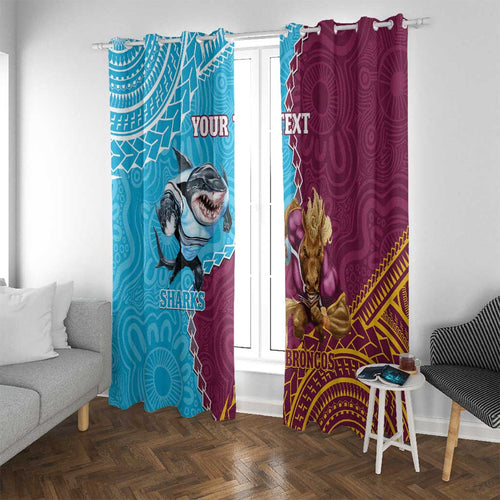 Personalised Sharks And Broncos Rugby Window Curtain Aboriginal Mix Polynesian Pattern