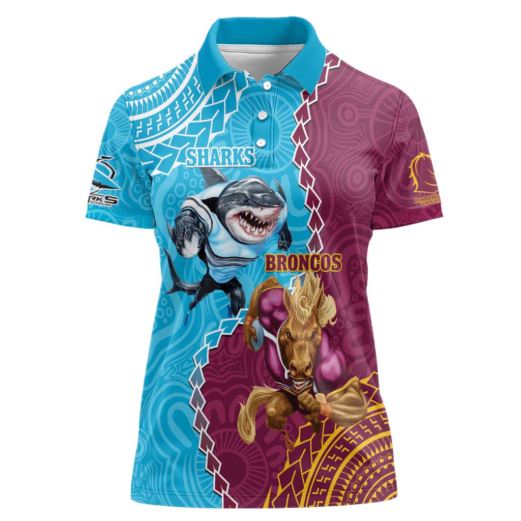 Personalised Sharks And Broncos Rugby Women Polo Shirt Aboriginal Mix Polynesian Pattern