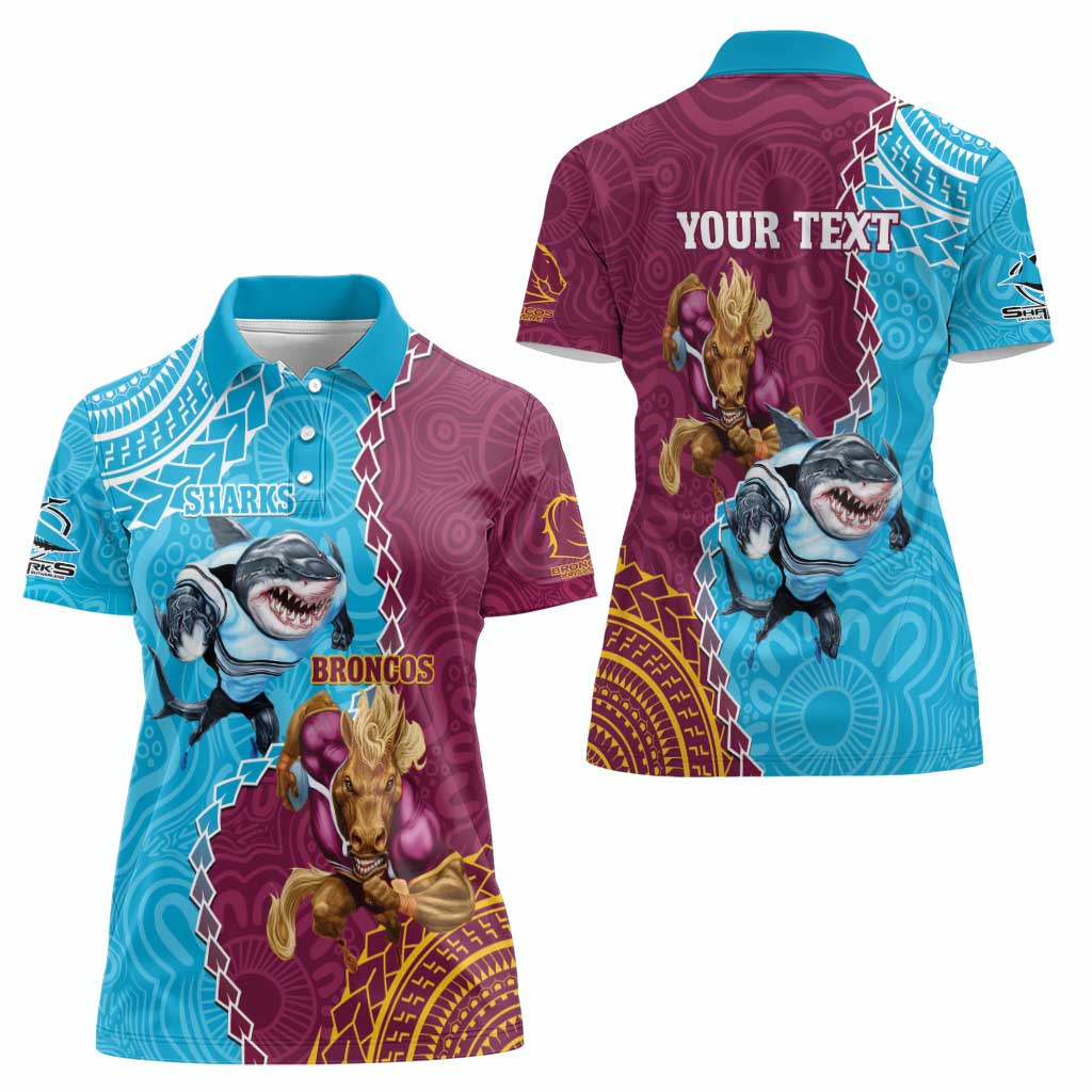 Personalised Sharks And Broncos Rugby Women Polo Shirt Aboriginal Mix Polynesian Pattern