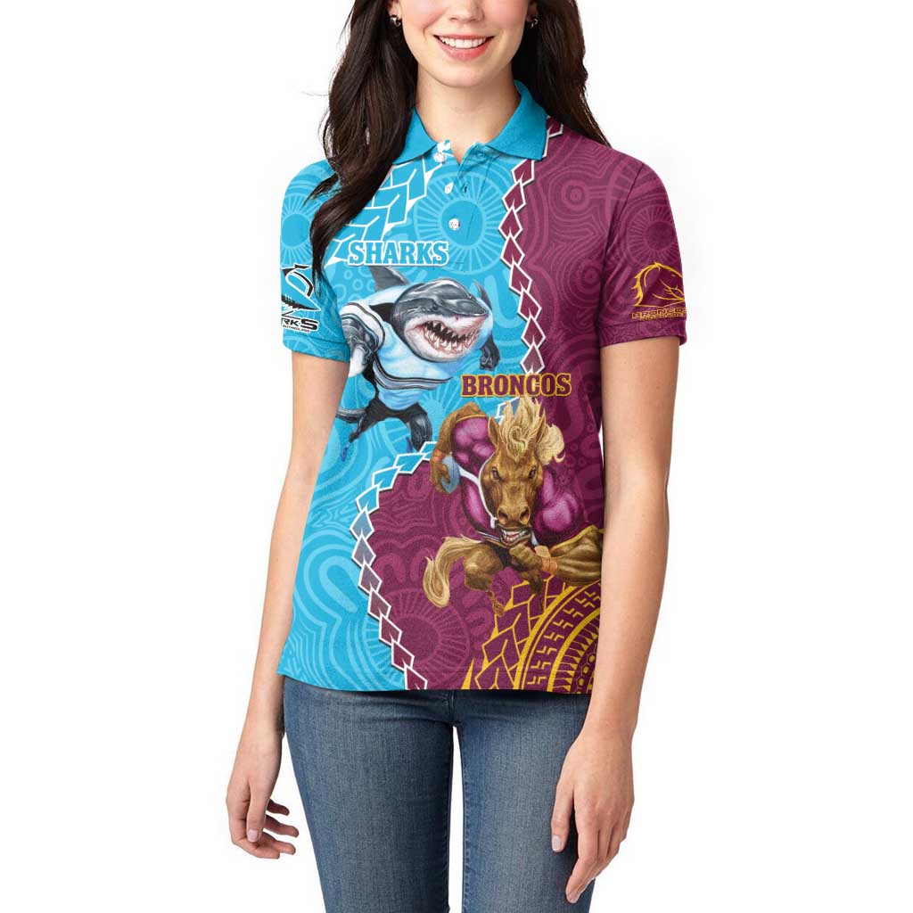 Personalised Sharks And Broncos Rugby Women Polo Shirt Aboriginal Mix Polynesian Pattern