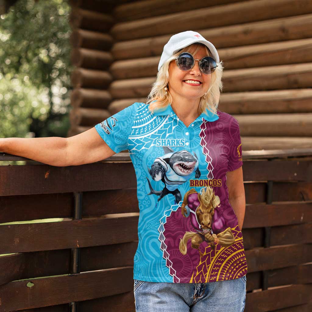 Personalised Sharks And Broncos Rugby Women Polo Shirt Aboriginal Mix Polynesian Pattern