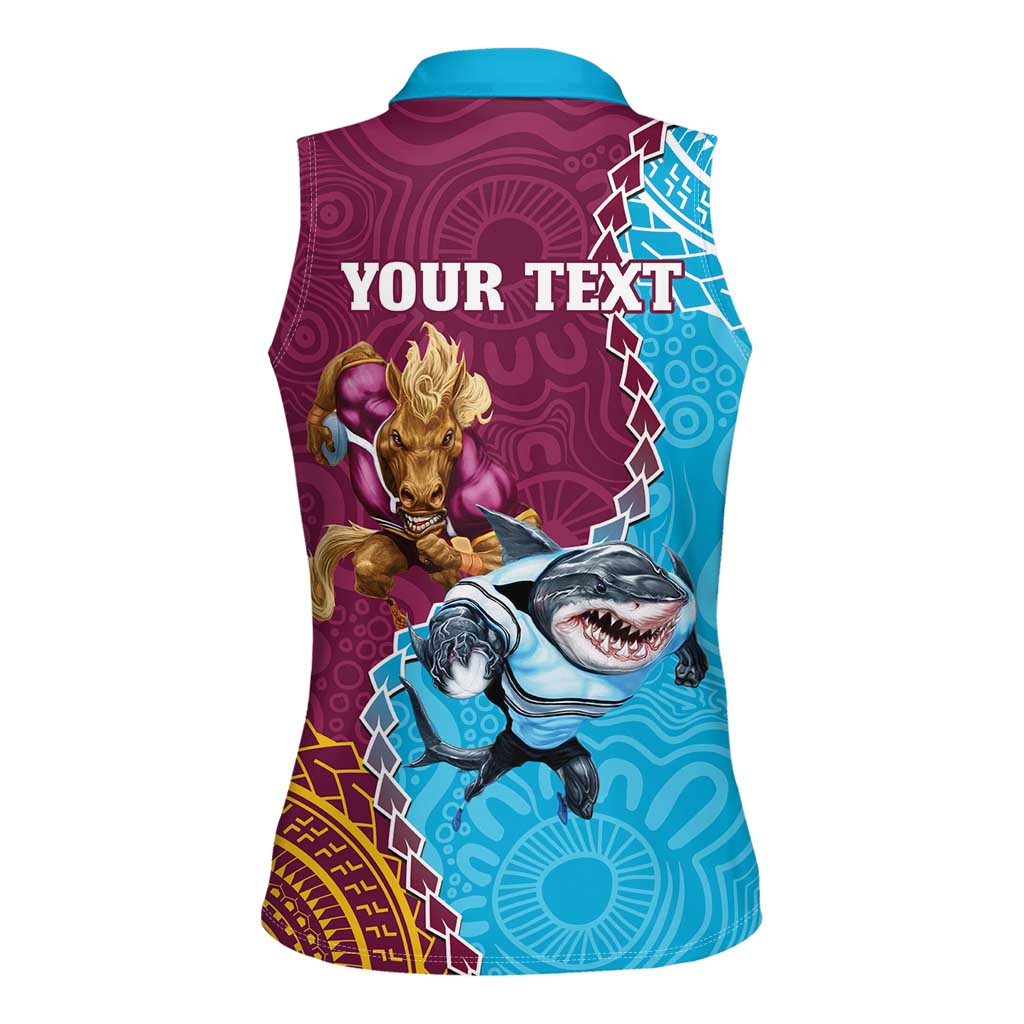 Personalised Sharks And Broncos Rugby Women Sleeveless Polo Shirt Aboriginal Mix Polynesian Pattern