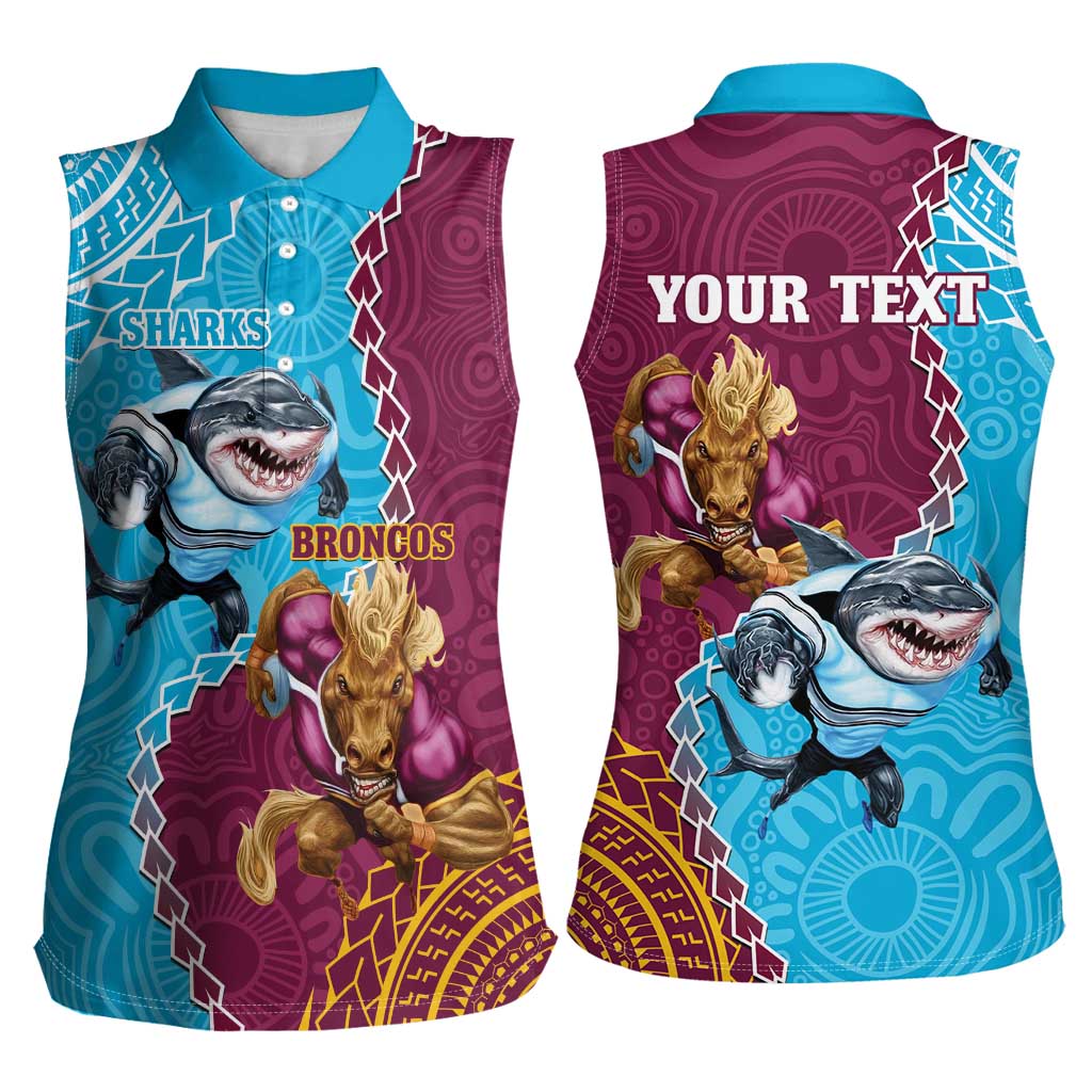 Personalised Sharks And Broncos Rugby Women Sleeveless Polo Shirt Aboriginal Mix Polynesian Pattern