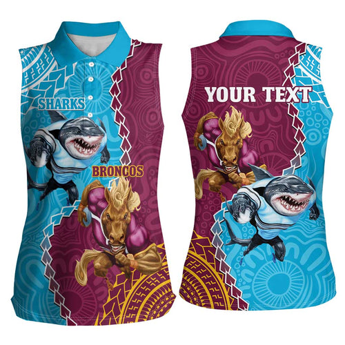 Personalised Sharks And Broncos Rugby Women Sleeveless Polo Shirt Aboriginal Mix Polynesian Pattern