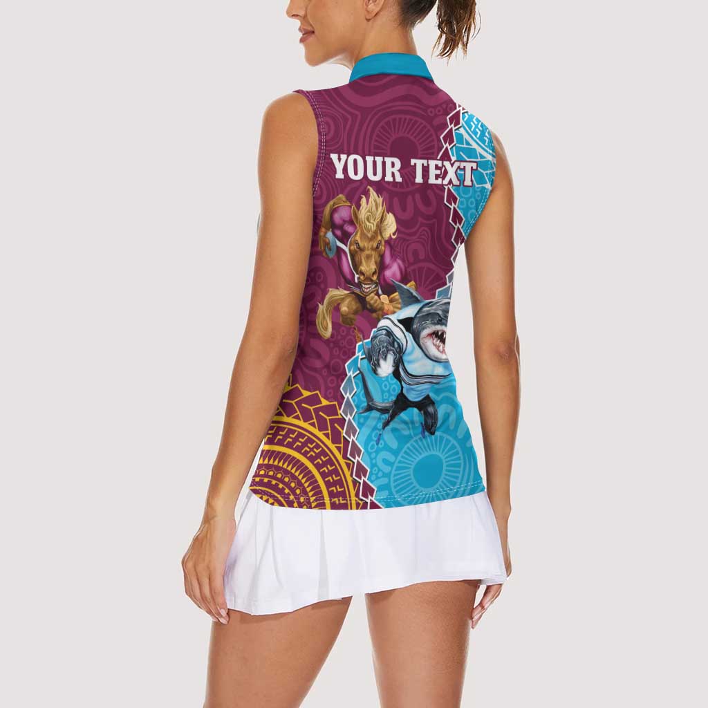 Personalised Sharks And Broncos Rugby Women Sleeveless Polo Shirt Aboriginal Mix Polynesian Pattern