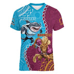 Personalised Sharks And Broncos Rugby Women V-Neck T-Shirt Aboriginal Mix Polynesian Pattern