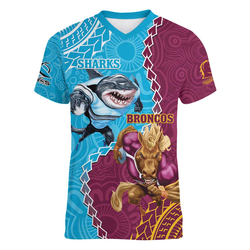 Personalised Sharks And Broncos Rugby Women V-Neck T-Shirt Aboriginal Mix Polynesian Pattern