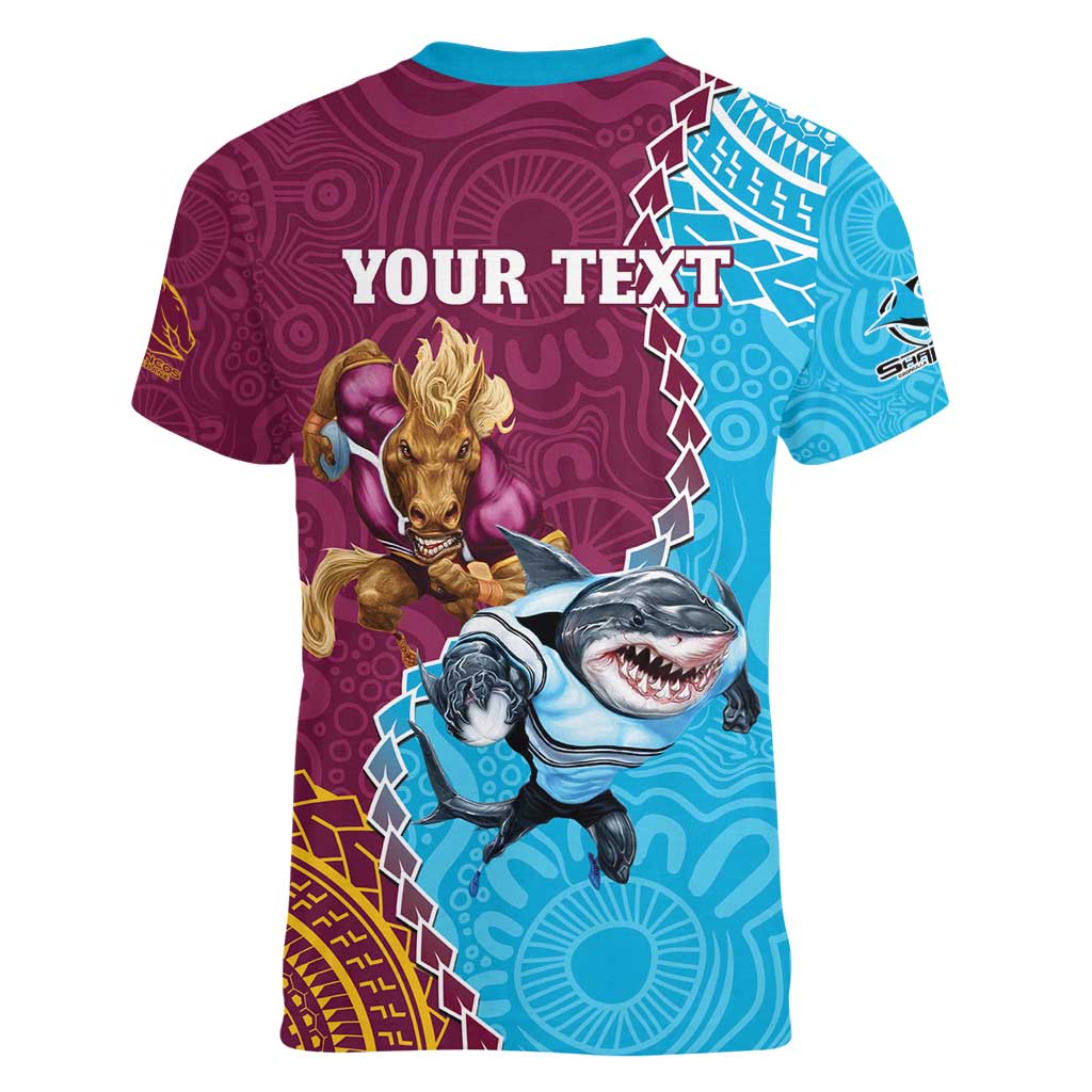Personalised Sharks And Broncos Rugby Women V-Neck T-Shirt Aboriginal Mix Polynesian Pattern