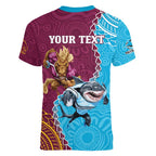 Personalised Sharks And Broncos Rugby Women V-Neck T-Shirt Aboriginal Mix Polynesian Pattern