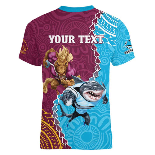 Personalised Sharks And Broncos Rugby Women V-Neck T-Shirt Aboriginal Mix Polynesian Pattern
