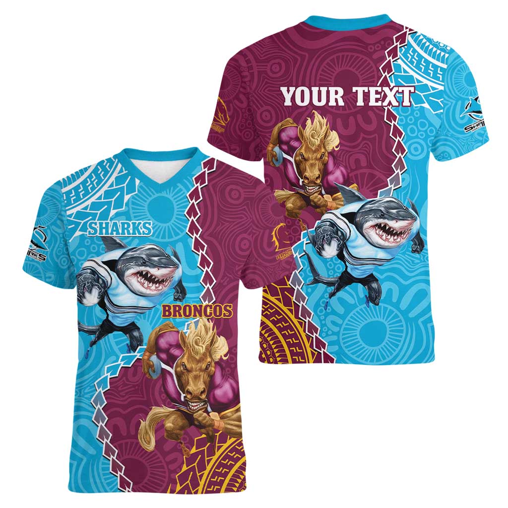 Personalised Sharks And Broncos Rugby Women V-Neck T-Shirt Aboriginal Mix Polynesian Pattern