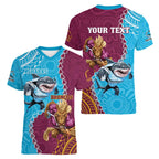 Personalised Sharks And Broncos Rugby Women V-Neck T-Shirt Aboriginal Mix Polynesian Pattern