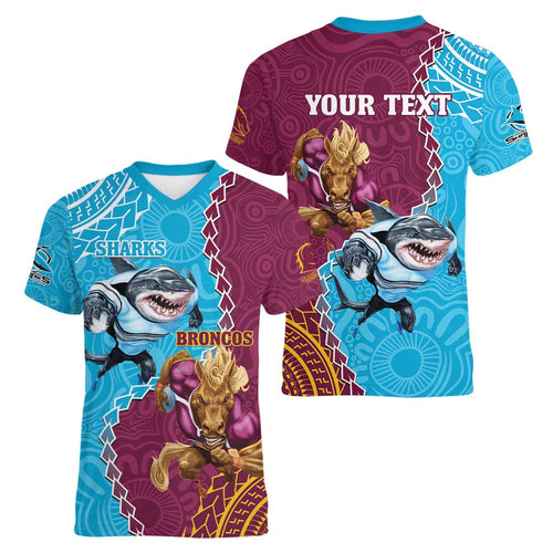 Personalised Sharks And Broncos Rugby Women V-Neck T-Shirt Aboriginal Mix Polynesian Pattern