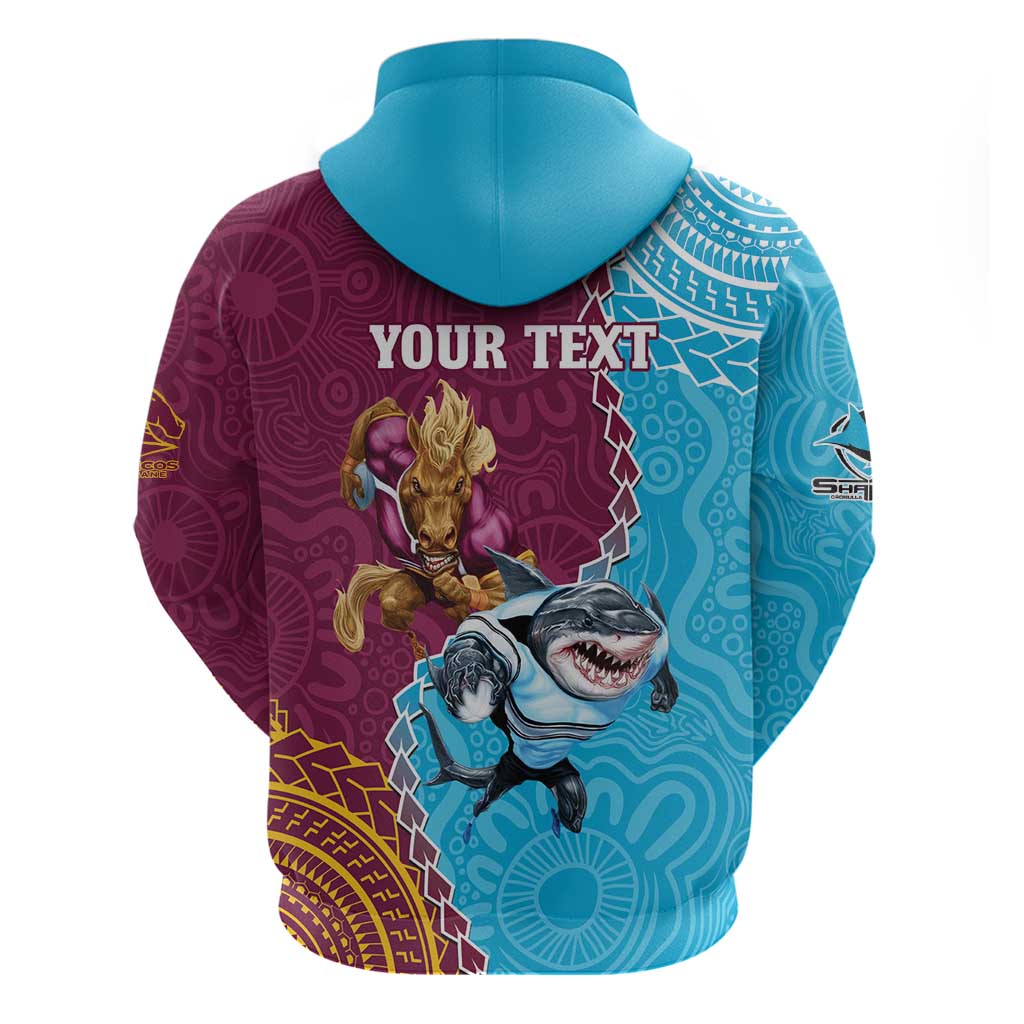 Personalised Sharks And Broncos Rugby Zip Hoodie Aboriginal Mix Polynesian Pattern