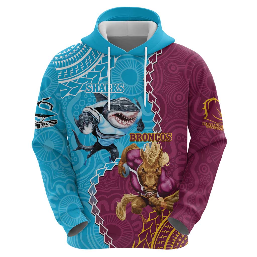 Personalised Sharks And Broncos Rugby Zip Hoodie Aboriginal Mix Polynesian Pattern