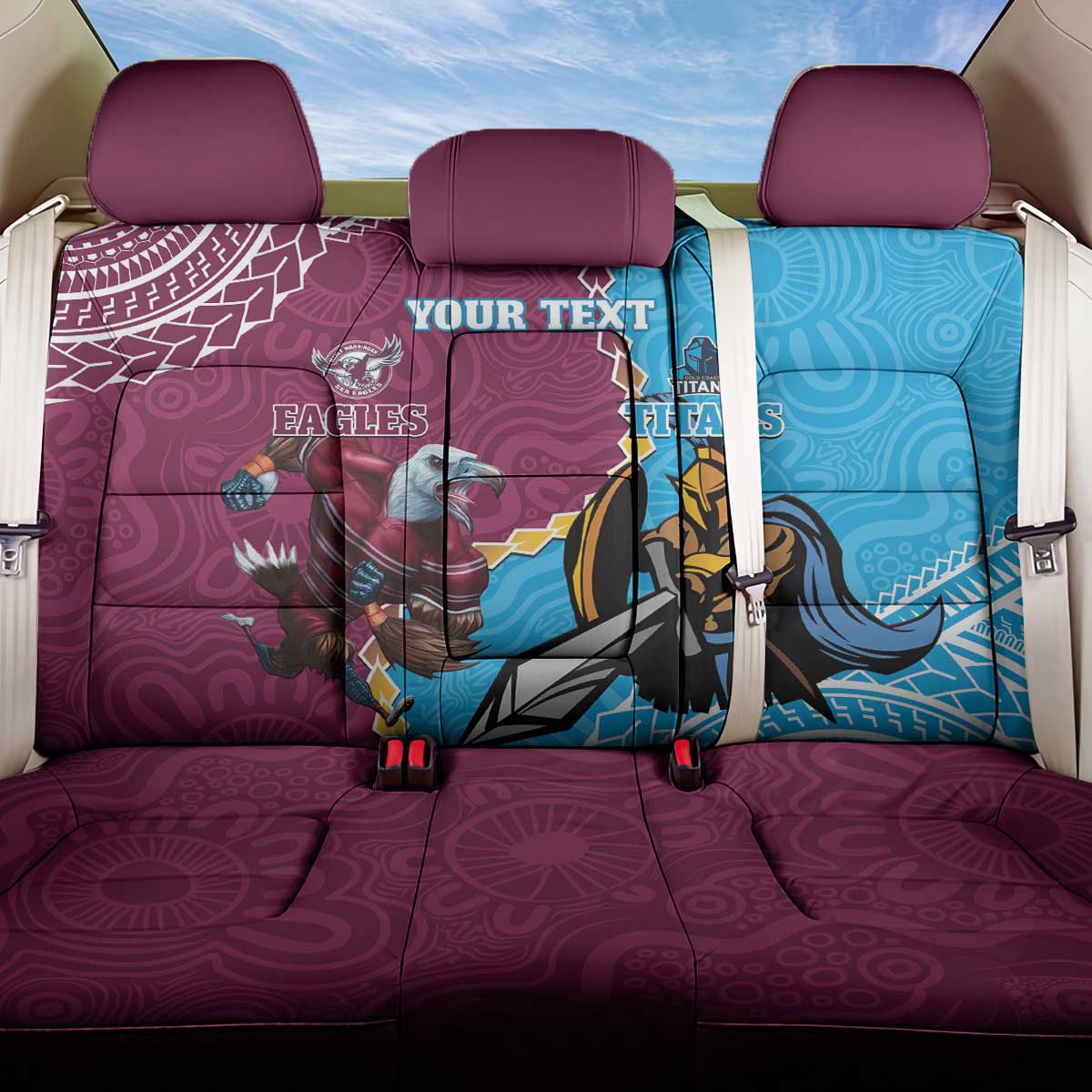 Personalised Eagles And Titans Rugby Back Car Seat Cover Aboriginal Mix Polynesian Pattern