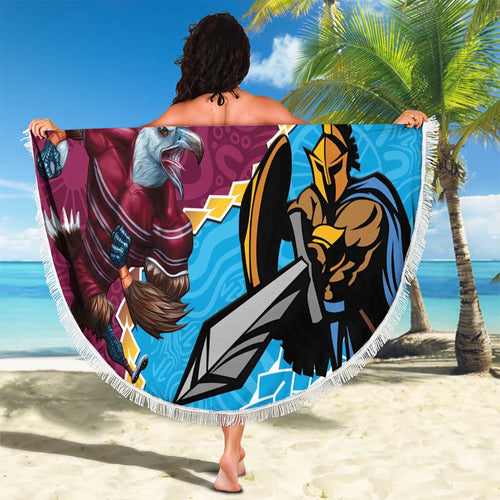 Personalised Eagles And Titans Rugby Beach Blanket Aboriginal Mix Polynesian Pattern