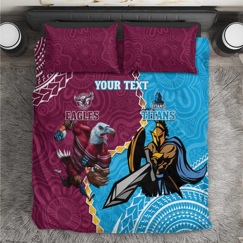 Personalised Eagles And Titans Rugby Bedding Set Aboriginal Mix Polynesian Pattern
