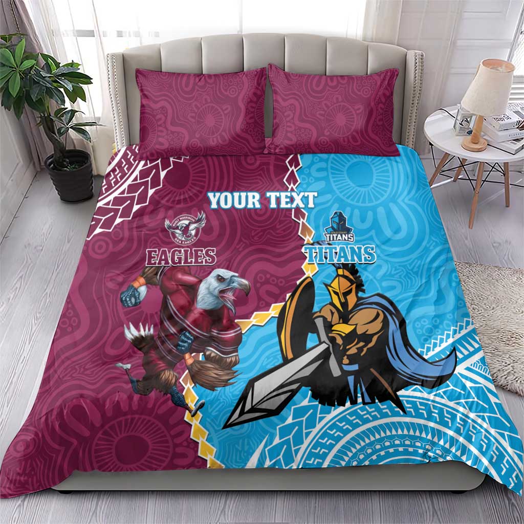 Personalised Eagles And Titans Rugby Bedding Set Aboriginal Mix Polynesian Pattern