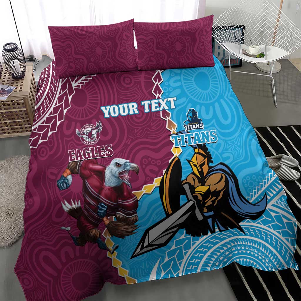 Personalised Eagles And Titans Rugby Bedding Set Aboriginal Mix Polynesian Pattern