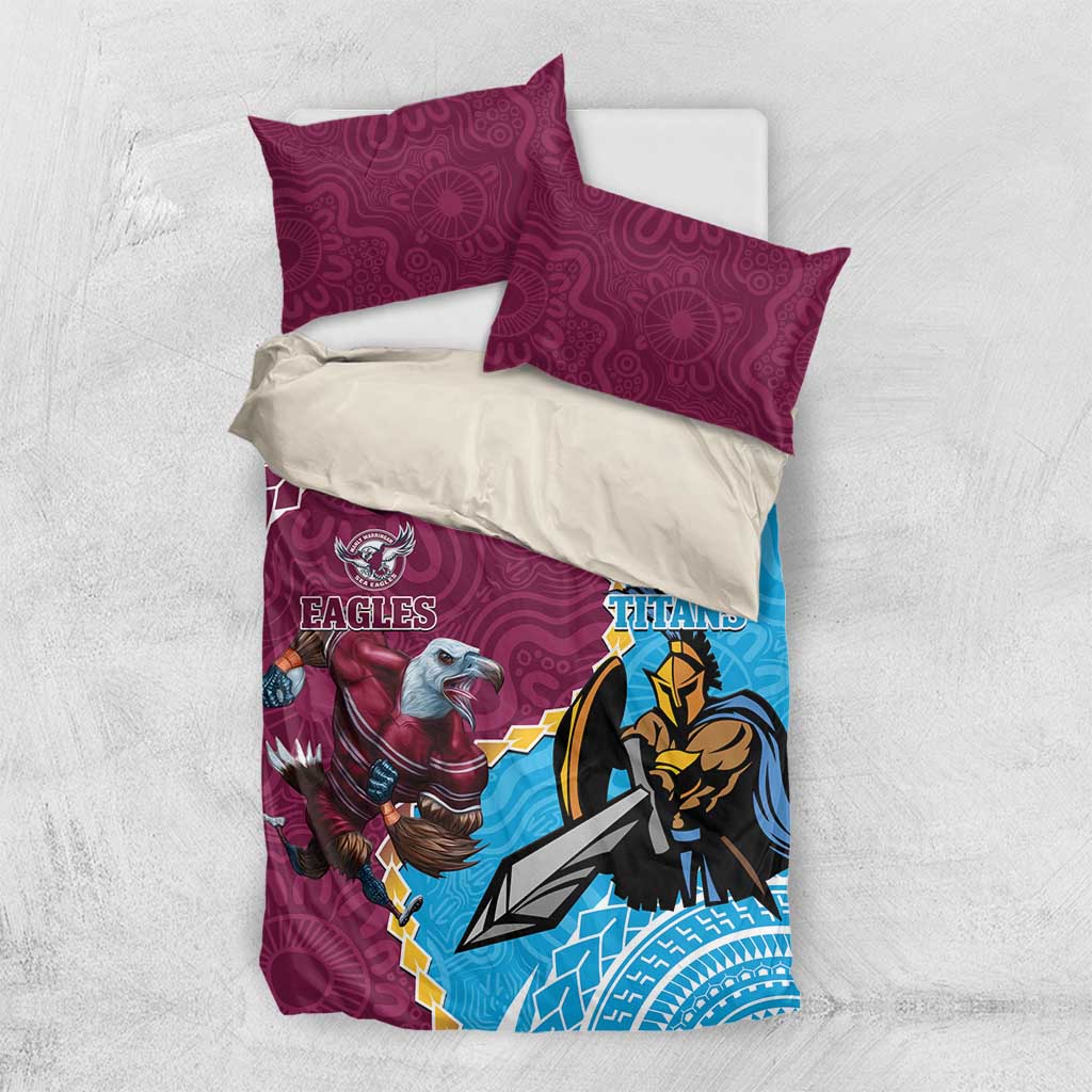 Personalised Eagles And Titans Rugby Bedding Set Aboriginal Mix Polynesian Pattern