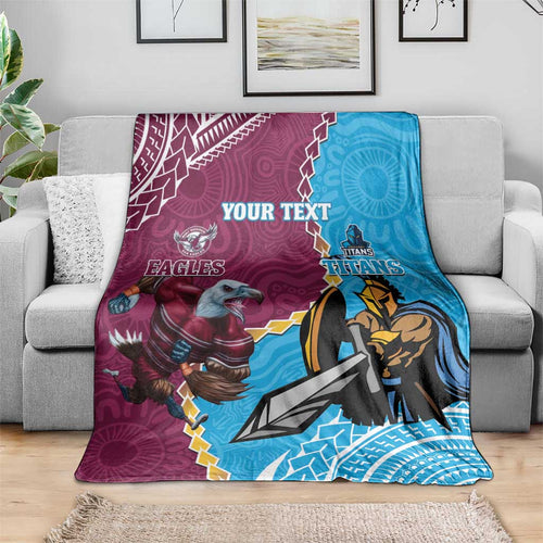 Personalised Eagles And Titans Rugby Blanket Aboriginal Mix Polynesian Pattern
