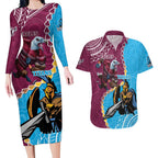 Personalised Eagles And Titans Rugby Couples Matching Long Sleeve Bodycon Dress and Hawaiian Shirt Aboriginal Mix Polynesian Pattern