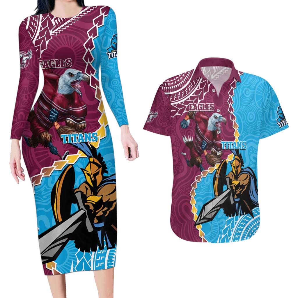 Personalised Eagles And Titans Rugby Couples Matching Long Sleeve Bodycon Dress and Hawaiian Shirt Aboriginal Mix Polynesian Pattern