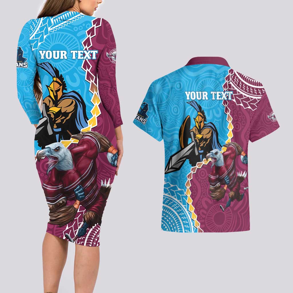 Personalised Eagles And Titans Rugby Couples Matching Long Sleeve Bodycon Dress and Hawaiian Shirt Aboriginal Mix Polynesian Pattern