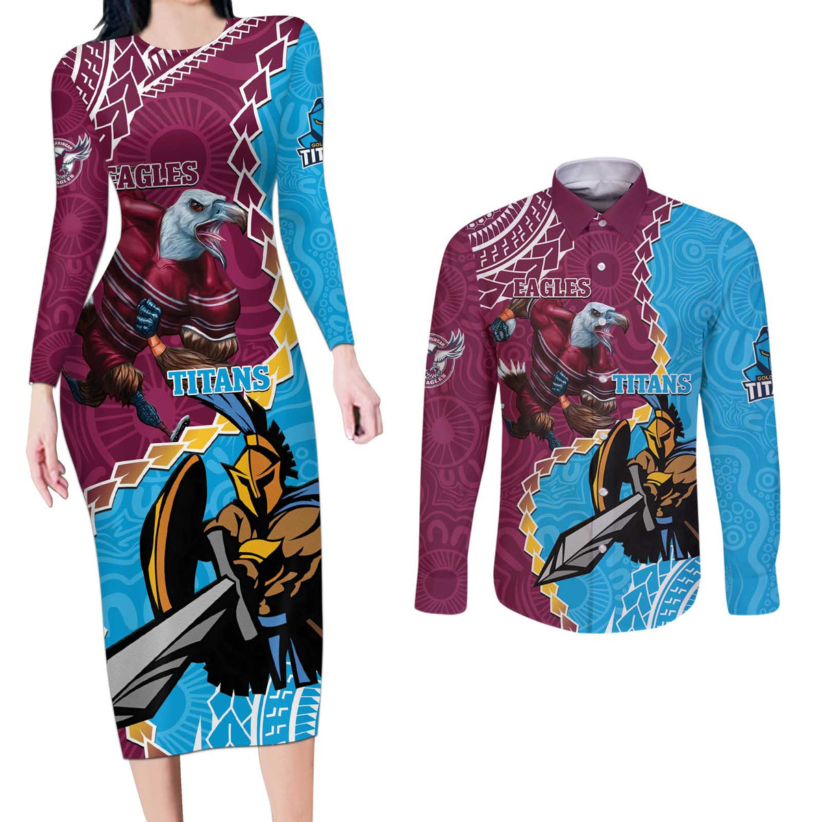 Personalised Eagles And Titans Rugby Couples Matching Long Sleeve Bodycon Dress and Long Sleeve Button Shirt Aboriginal Mix Polynesian Pattern