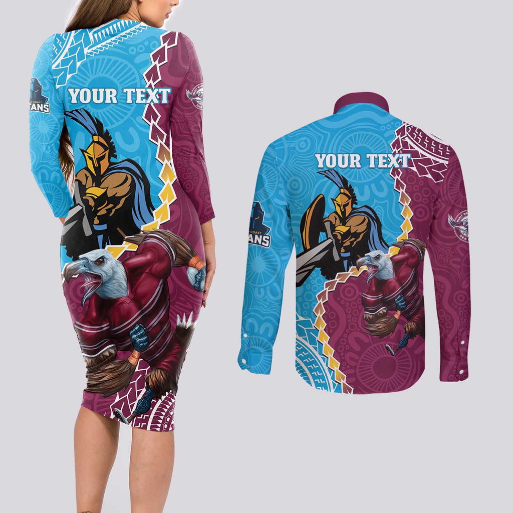 Personalised Eagles And Titans Rugby Couples Matching Long Sleeve Bodycon Dress and Long Sleeve Button Shirt Aboriginal Mix Polynesian Pattern