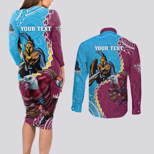 Personalised Eagles And Titans Rugby Couples Matching Long Sleeve Bodycon Dress and Long Sleeve Button Shirt Aboriginal Mix Polynesian Pattern