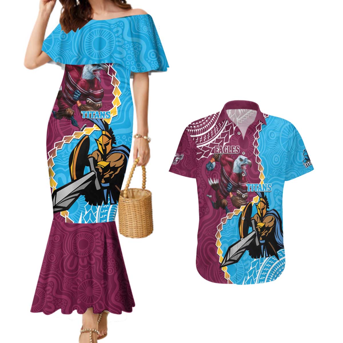 Personalised Eagles And Titans Rugby Couples Matching Mermaid Dress and Hawaiian Shirt Aboriginal Mix Polynesian Pattern