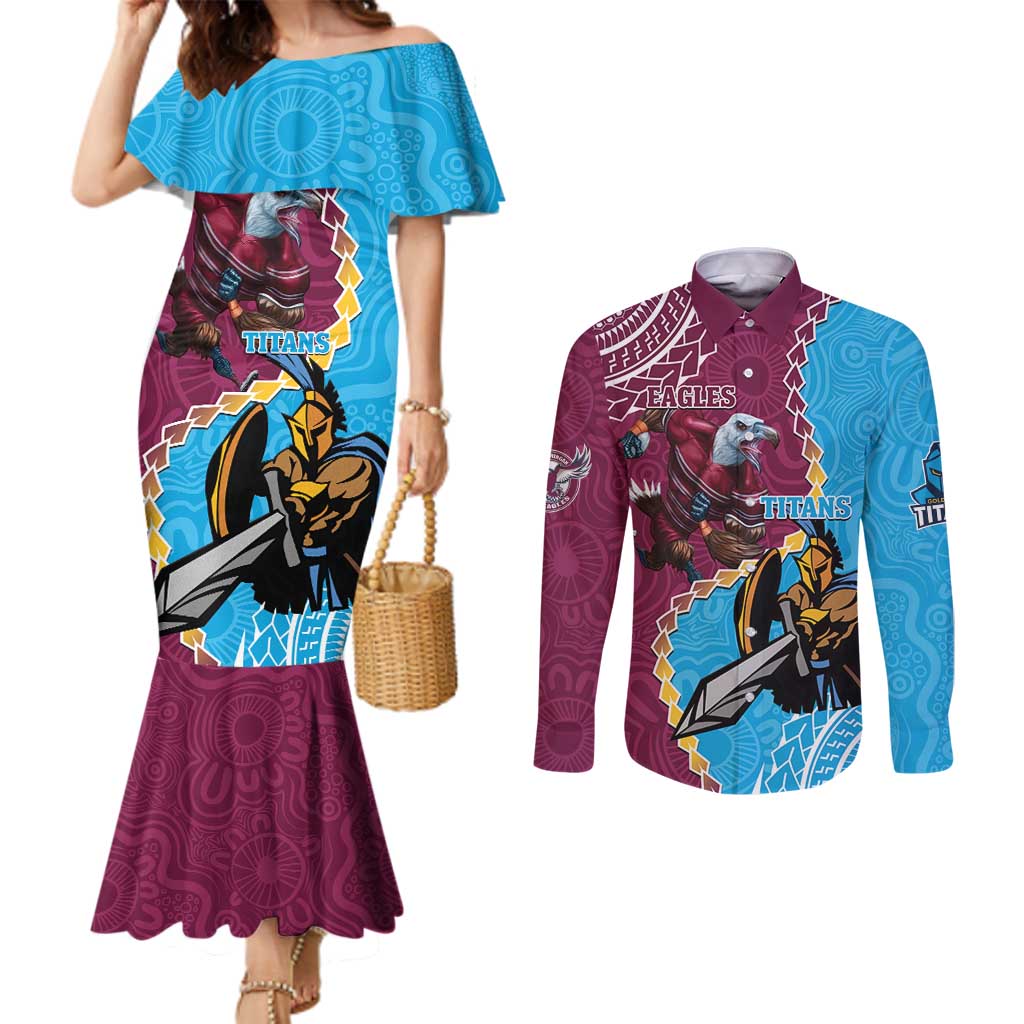 Personalised Eagles And Titans Rugby Couples Matching Mermaid Dress and Long Sleeve Button Shirt Aboriginal Mix Polynesian Pattern