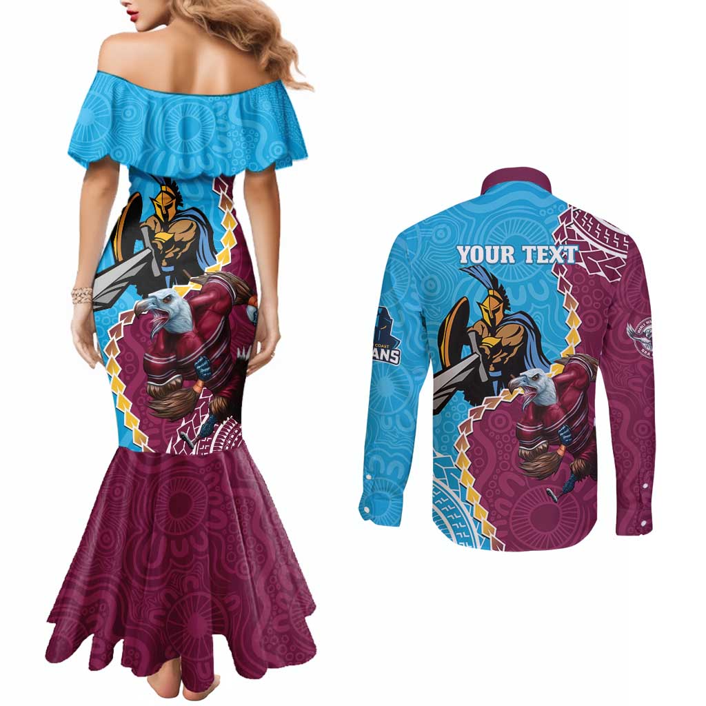 Personalised Eagles And Titans Rugby Couples Matching Mermaid Dress and Long Sleeve Button Shirt Aboriginal Mix Polynesian Pattern