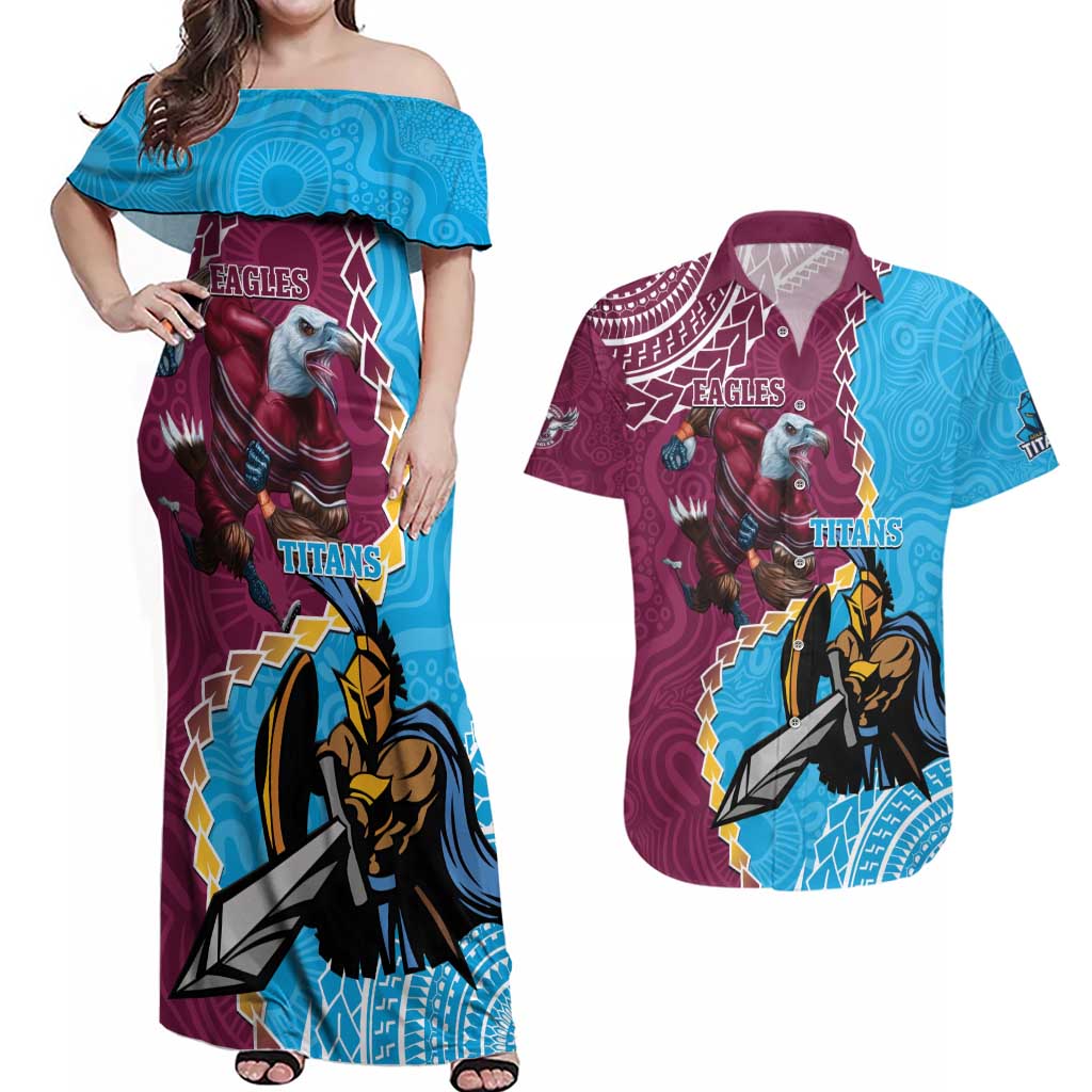 Personalised Eagles And Titans Rugby Couples Matching Off Shoulder Maxi Dress and Hawaiian Shirt Aboriginal Mix Polynesian Pattern