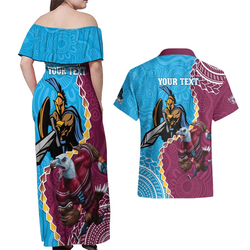 Personalised Eagles And Titans Rugby Couples Matching Off Shoulder Maxi Dress and Hawaiian Shirt Aboriginal Mix Polynesian Pattern