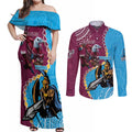 Personalised Eagles And Titans Rugby Couples Matching Off Shoulder Maxi Dress and Long Sleeve Button Shirt Aboriginal Mix Polynesian Pattern