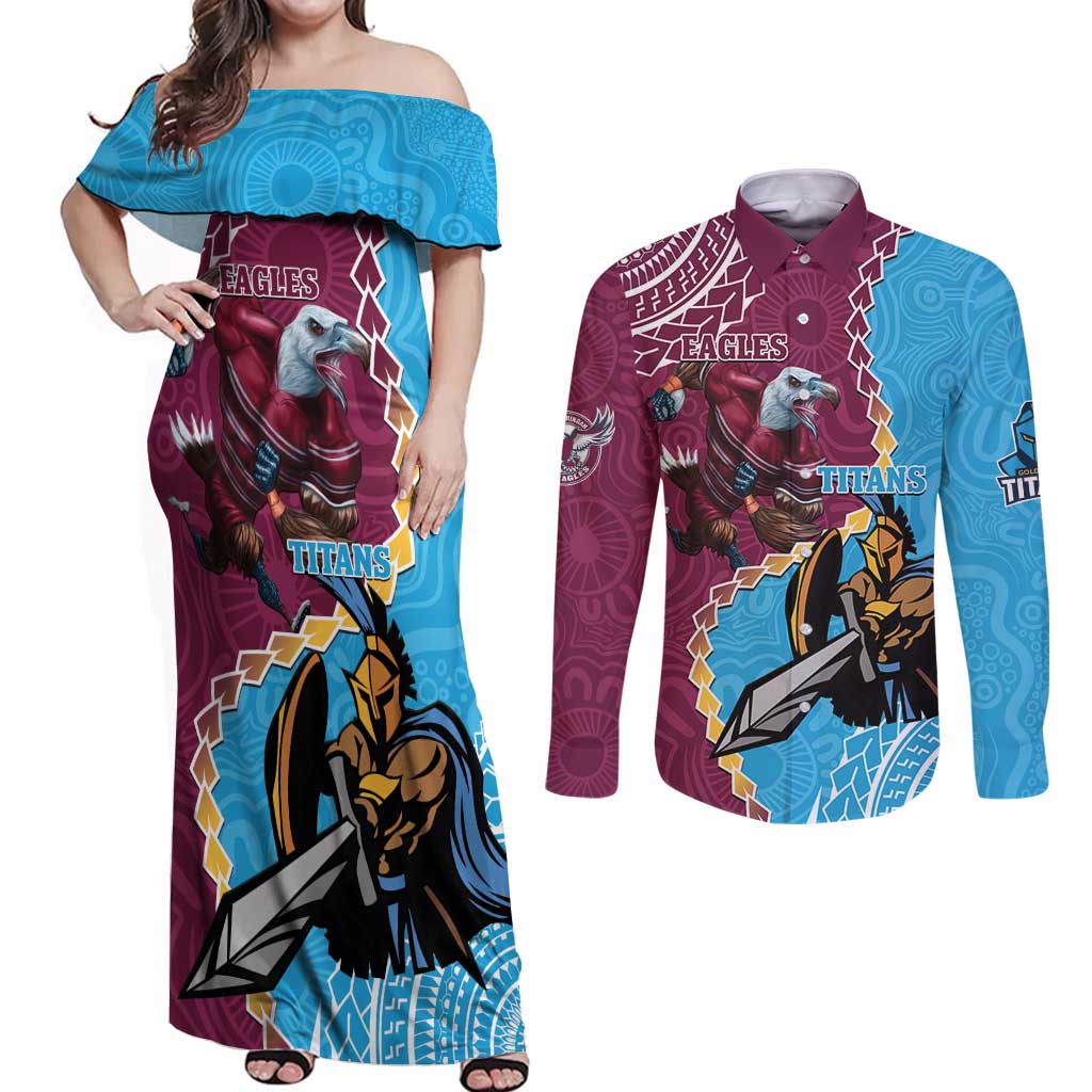 Personalised Eagles And Titans Rugby Couples Matching Off Shoulder Maxi Dress and Long Sleeve Button Shirt Aboriginal Mix Polynesian Pattern
