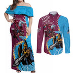 Personalised Eagles And Titans Rugby Couples Matching Off Shoulder Maxi Dress and Long Sleeve Button Shirt Aboriginal Mix Polynesian Pattern