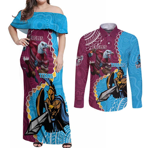 Personalised Eagles And Titans Rugby Couples Matching Off Shoulder Maxi Dress and Long Sleeve Button Shirt Aboriginal Mix Polynesian Pattern