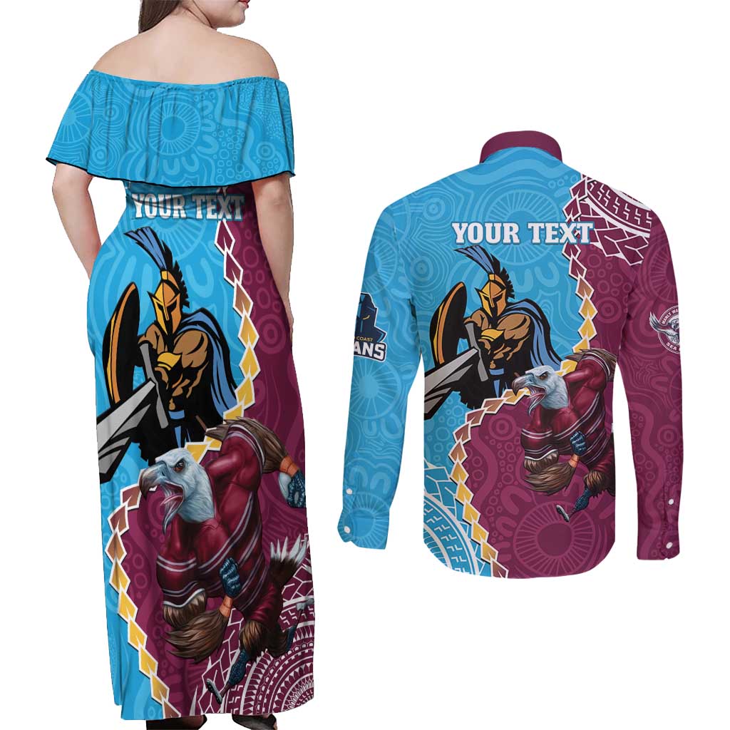 Personalised Eagles And Titans Rugby Couples Matching Off Shoulder Maxi Dress and Long Sleeve Button Shirt Aboriginal Mix Polynesian Pattern