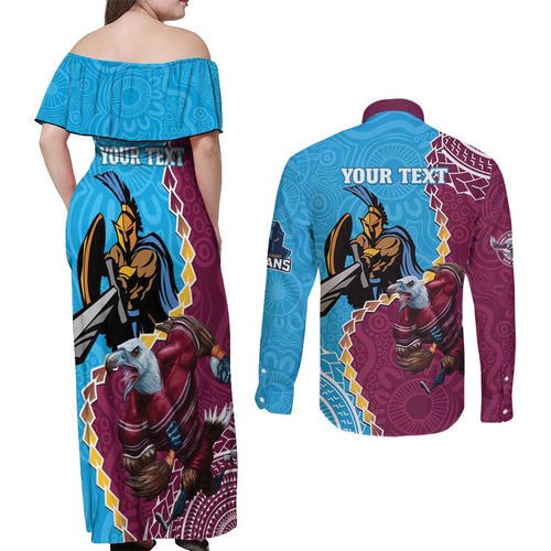 Personalised Eagles And Titans Rugby Couples Matching Off Shoulder Maxi Dress and Long Sleeve Button Shirt Aboriginal Mix Polynesian Pattern