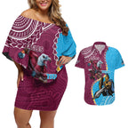 Personalised Eagles And Titans Rugby Couples Matching Off Shoulder Short Dress and Hawaiian Shirt Aboriginal Mix Polynesian Pattern