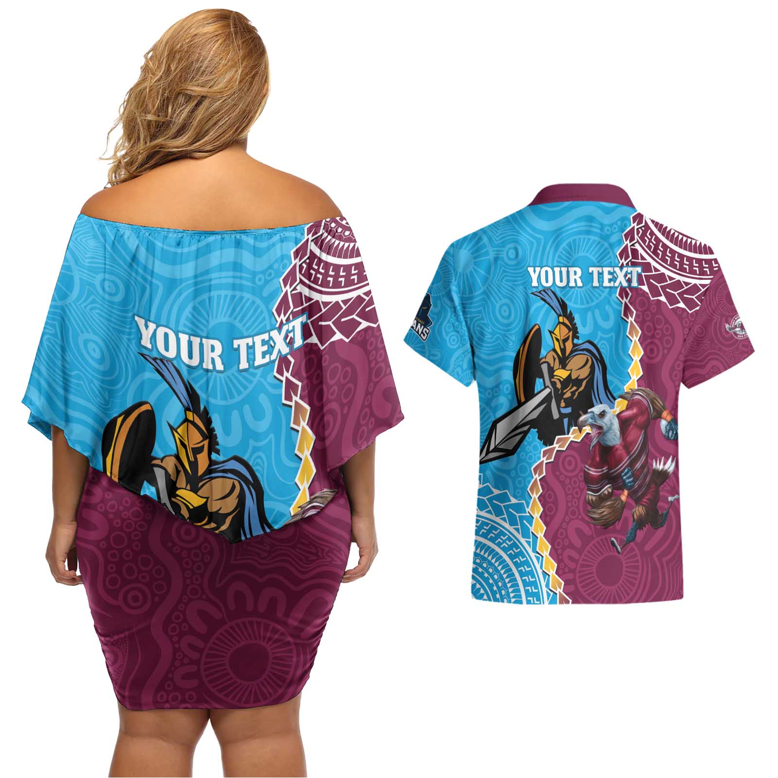 Personalised Eagles And Titans Rugby Couples Matching Off Shoulder Short Dress and Hawaiian Shirt Aboriginal Mix Polynesian Pattern