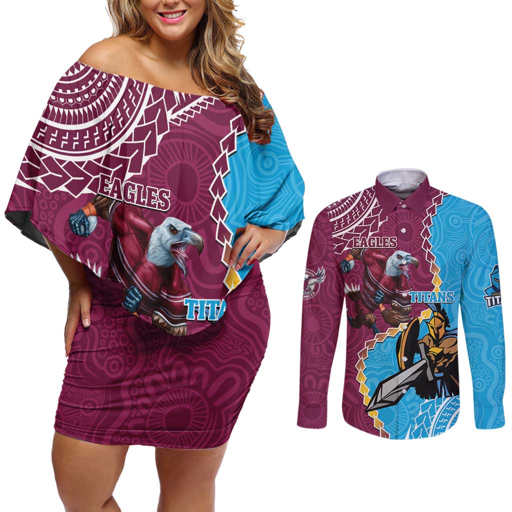 Personalised Eagles And Titans Rugby Couples Matching Off Shoulder Short Dress and Long Sleeve Button Shirt Aboriginal Mix Polynesian Pattern