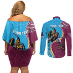 Personalised Eagles And Titans Rugby Couples Matching Off Shoulder Short Dress and Long Sleeve Button Shirt Aboriginal Mix Polynesian Pattern